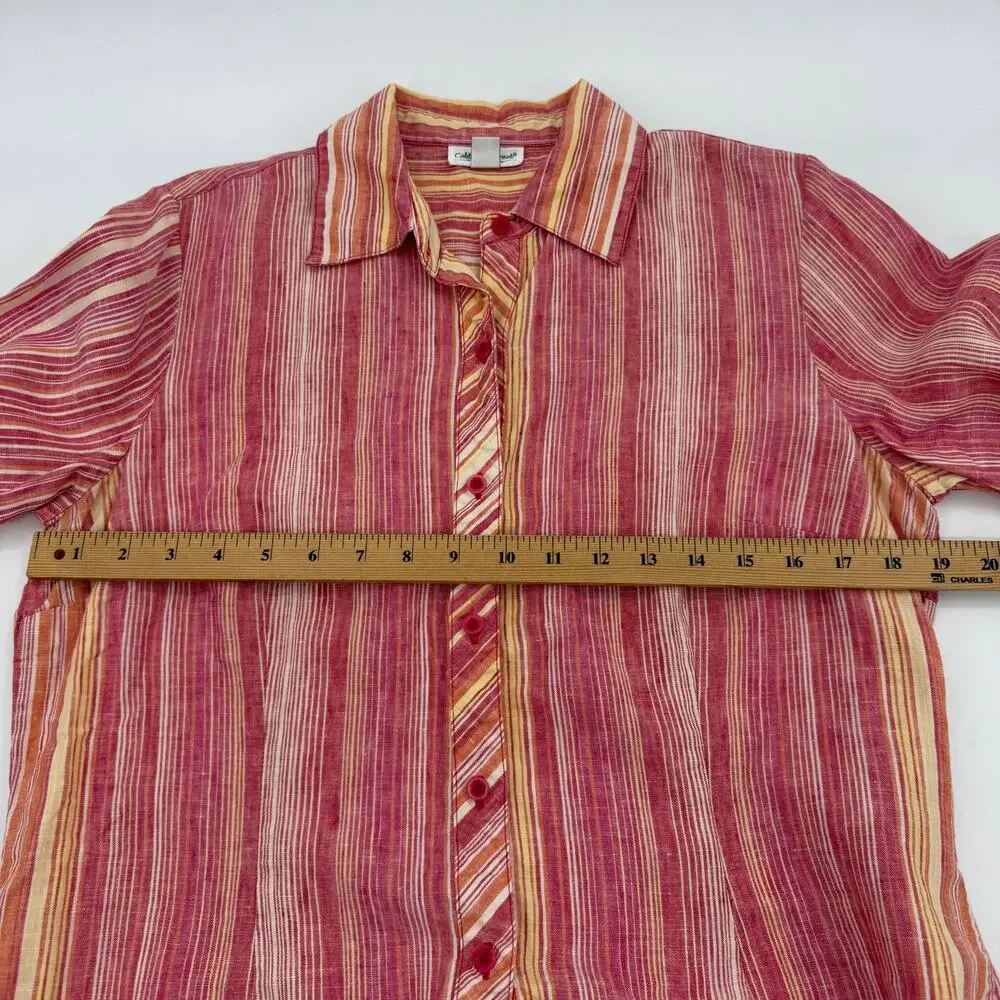COLDWATER CREEK Linen Striped Shirt Size M 3/4 Sleeve Top Shirt Tail Hem Sunset